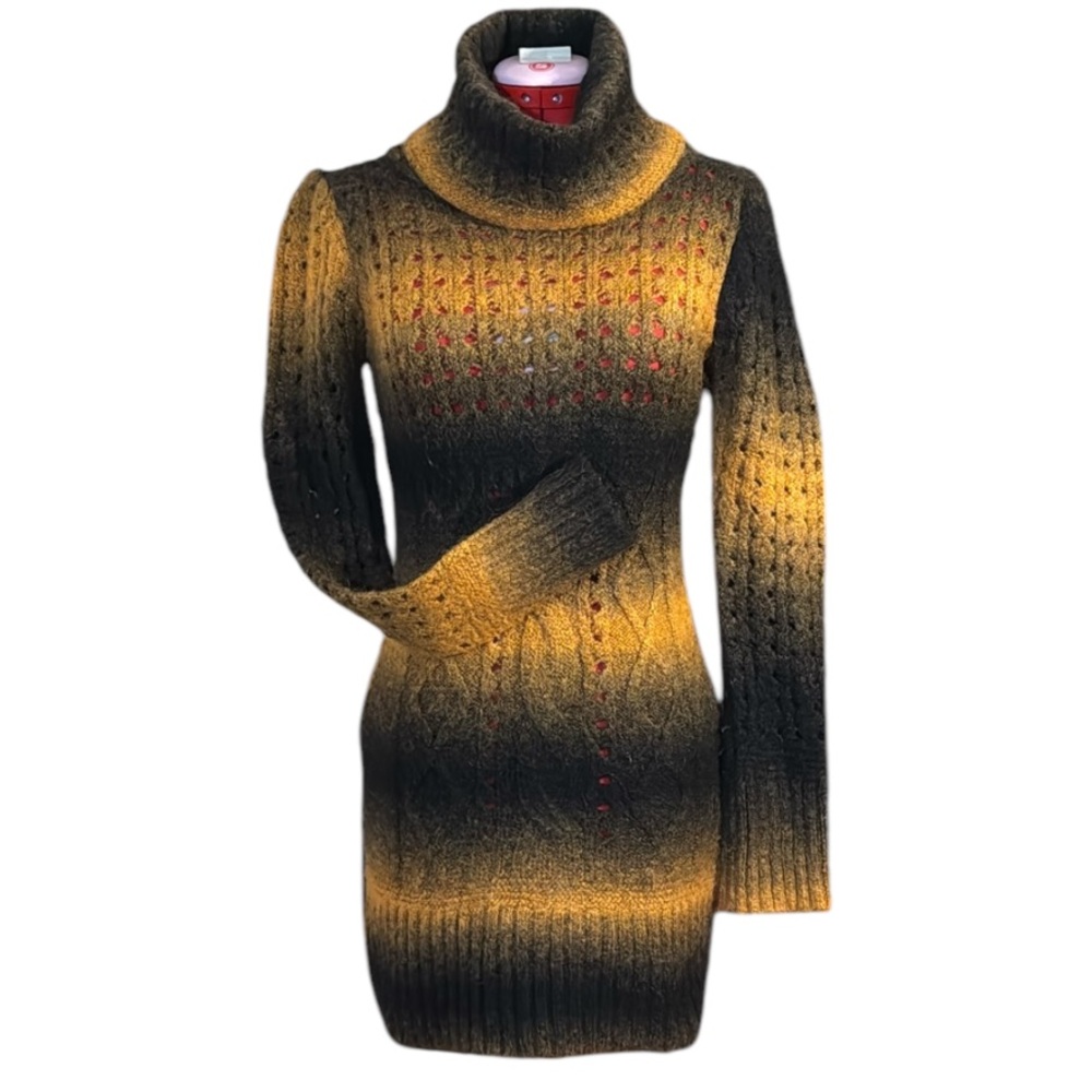 Claretta Open Knit Orange and Black Ombré Long Sweater Tunic with Cowl Neck